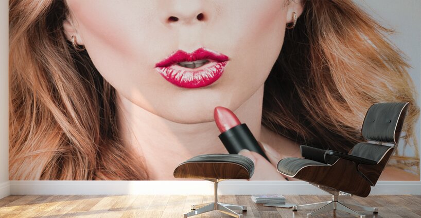Retro beauty pin up girl applying lipstick makeup Wall Murals