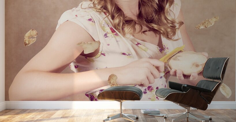 Pin-up cooking girl peeling potato. Quick recipe Wall Murals
