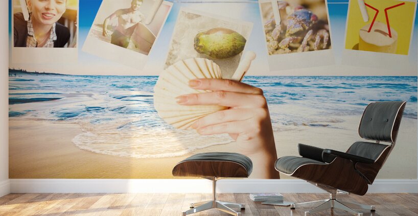 Vacation woman with photos from summer holiday Wall Murals