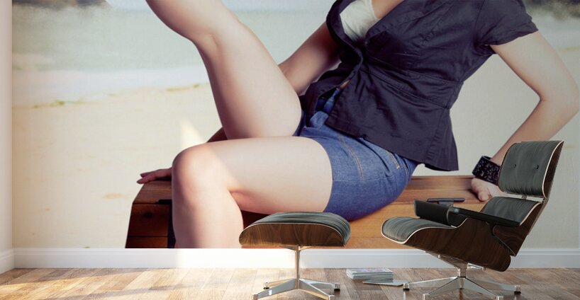 Fine art fifties poster girl on travel luggage Wall Murals