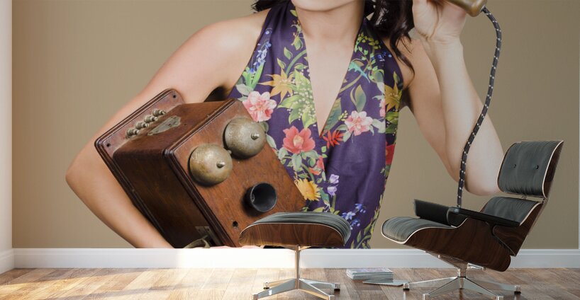 Retro receptionist on vintage telephone. Call us Wall Murals