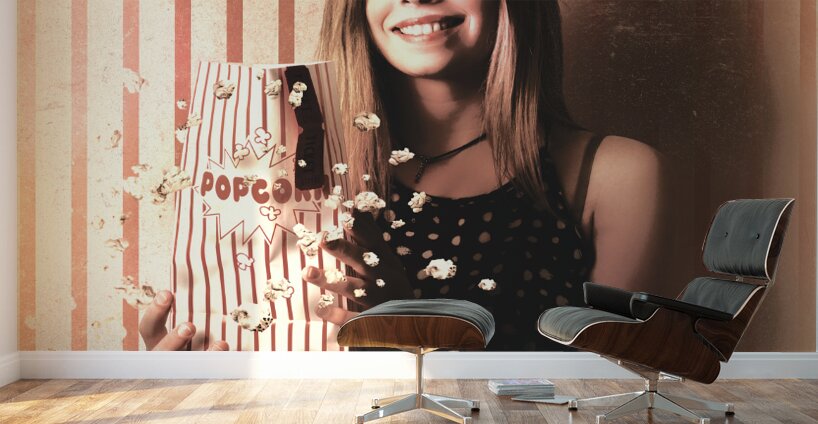 Vintage cinema girl with movie popcorn. Retro film Wall Murals
