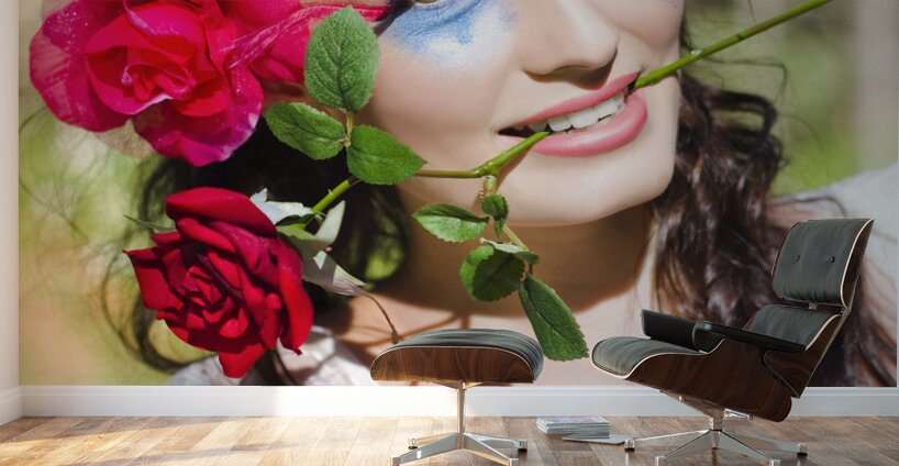 Woman With Red Roses Wall Murals