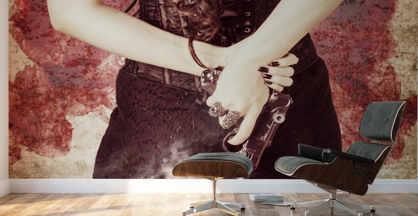 Vintage girl holding smoking German Lugar pistol Wall Murals