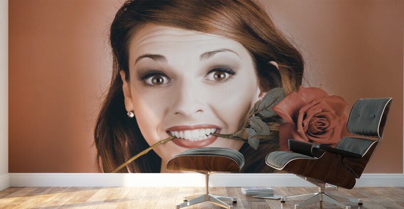 Surprised Young Woman Getting Valentine Flower Wall Murals