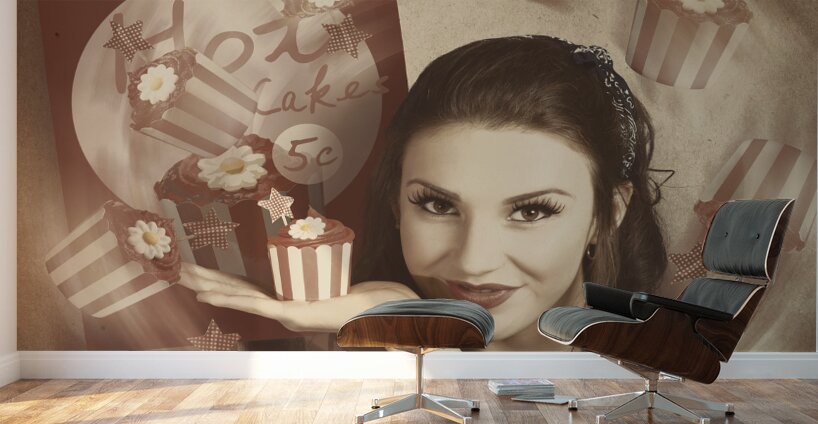 Retro cupcake poster girl adverting baked cake Wall Murals