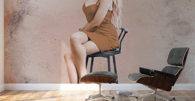 Happy american style pin-up girl on retro chair Wall Murals