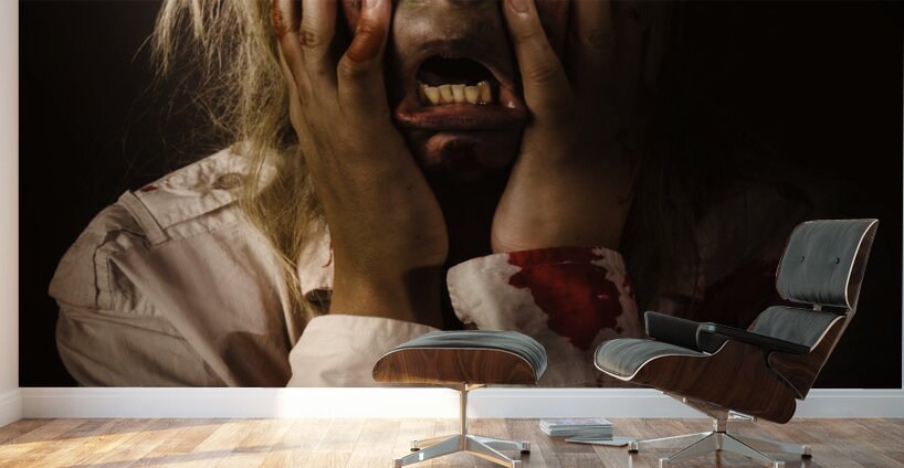 Facing dark horror. Dying zombie screaming in fear Wall Murals