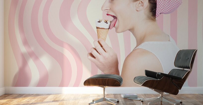 Ice cream pin-up poster girl licking waffle cone Wall Murals
