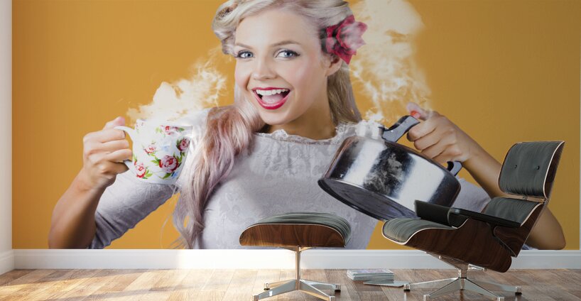 Pinup girl holding kettle and mug Wall Murals
