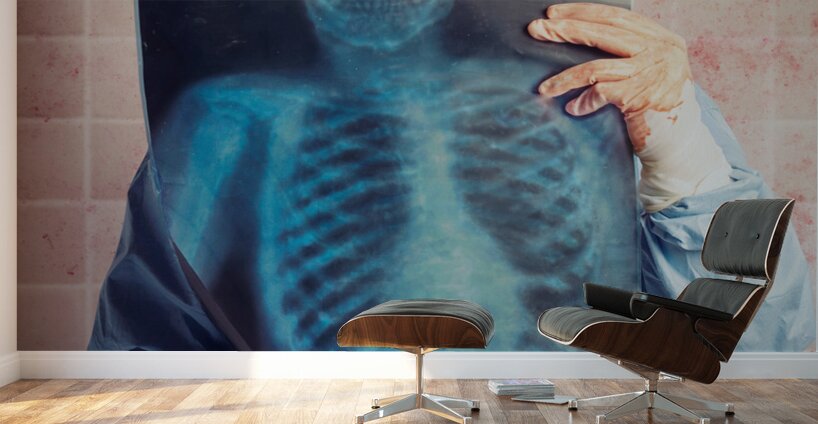 Scary clown peeking behind x-ray. Funny bones Wall Murals