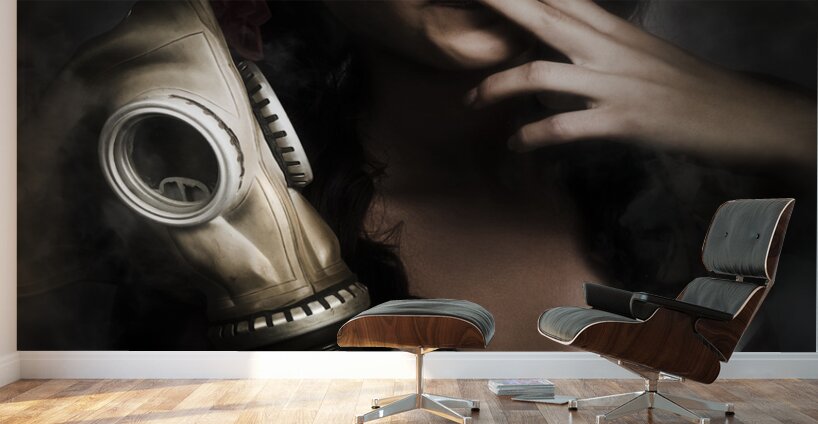 Vintage army pinup girl holding gas mask Wall Murals