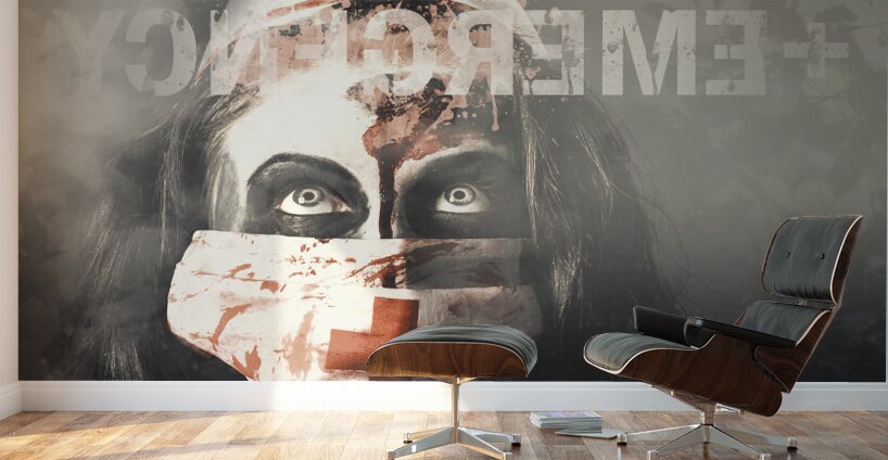 Crazy nurse of death looking at emergency sign Wall Murals