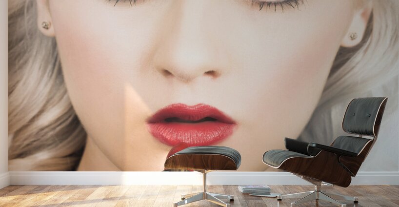 Sexy retro pinup girl applying makeup on lips Wall Murals