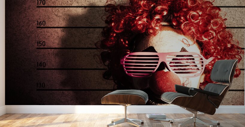 Clown criminal mug shot photo ID on police lines Wall Murals