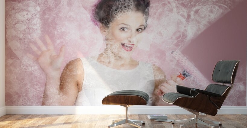 Retro window cleaning girl looking at clean glass Wall Murals