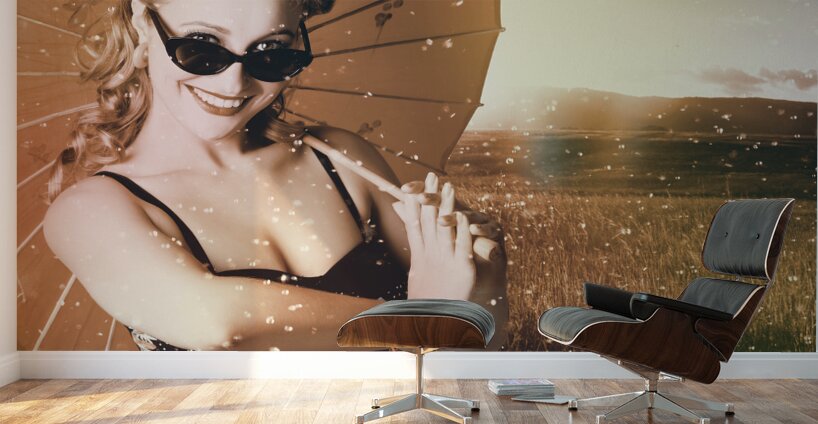 Vintage American pin-up girl in summer rain Wall Murals