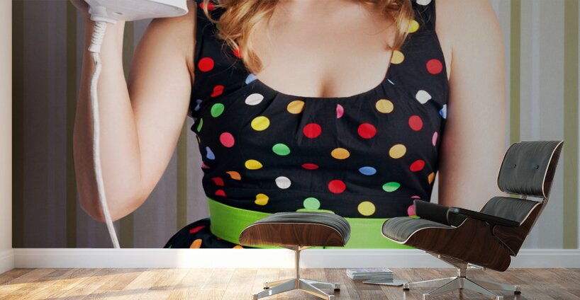 Funny 50s Pinup Girl Holding Steaming Hot Iron Wall Murals