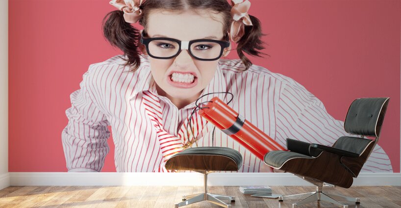Nerd Business Woman Holding Exploding Time Bomb Wall Murals