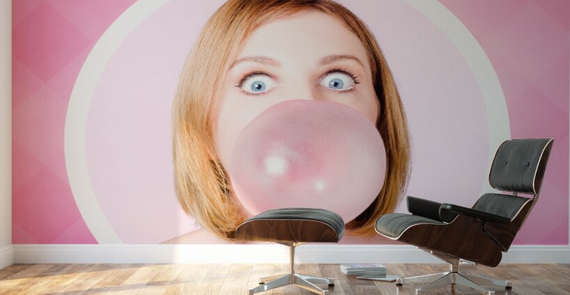 70s pin-up girl blowing pink bubble gum ball Wall Murals