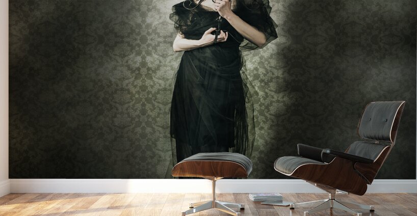 Black Fashion Model In Dark Vintage Haunted House Wall Murals