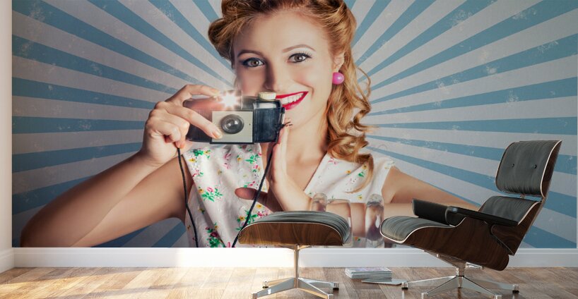 Young Happy Vintage Woman With Old Film Camera Wall Murals