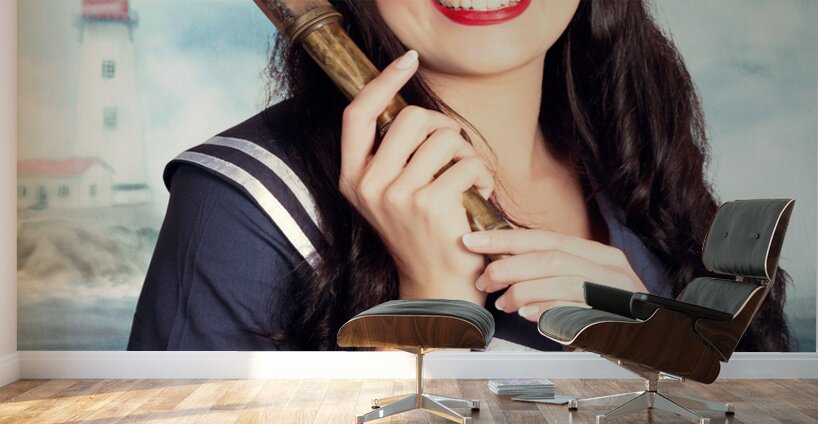 Smiling young pinup sailor girl. Sea search and rescue Wall Murals