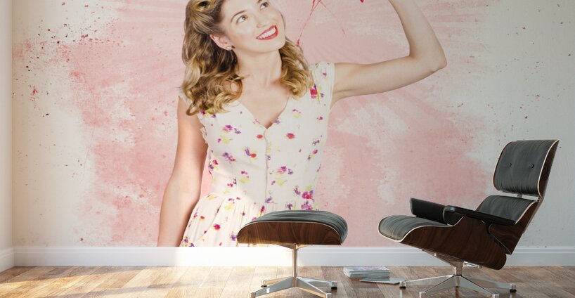 50s blond pin-up girl painting red love heart  Wall Murals