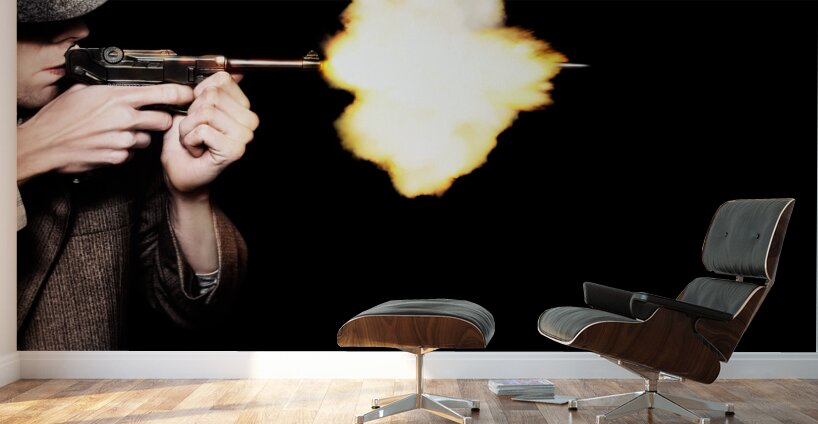 Vintage Gangster Man Shooting Gun On Black Wall Murals