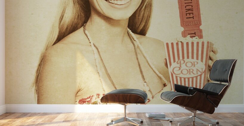 Vintage Woman With Pop Corn And Movie Tickets Wall Murals