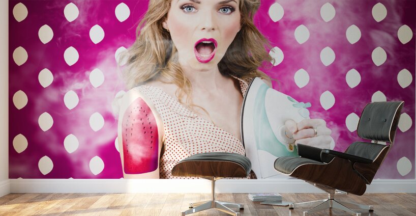 Funny pin-up woman pressing clothes. Dry cleaning Wall Murals