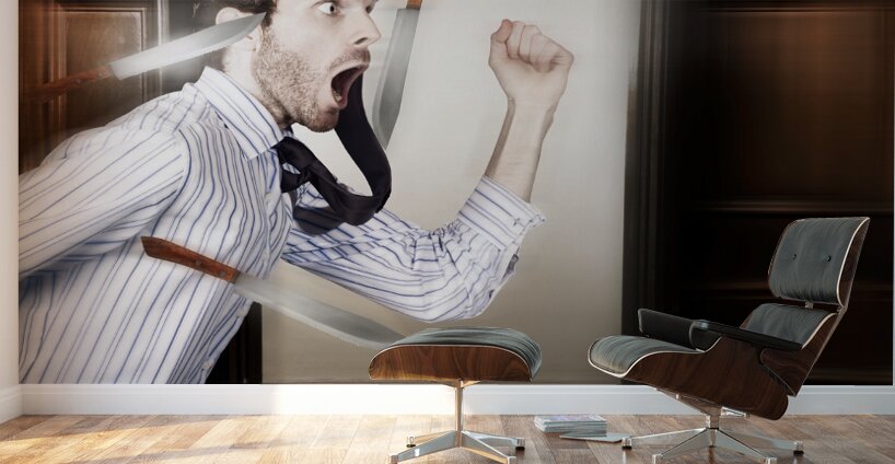 Crazy businessman running in fear from danger Wall Murals