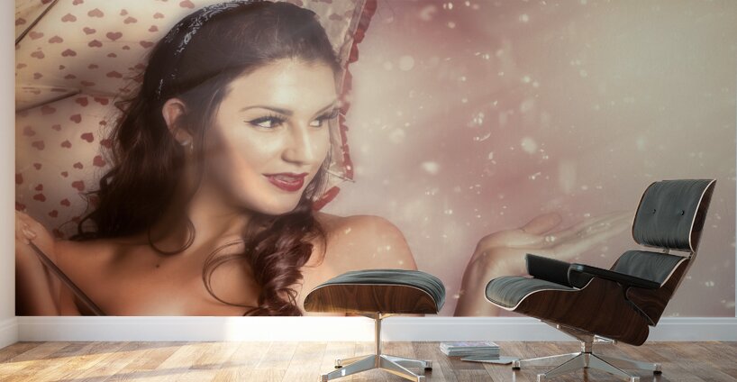 Beautiful woman catching rain in summer sun shower Wall Murals