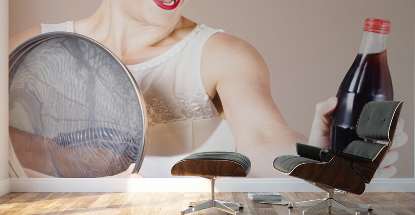 Retro pin-up girl giving bottle of soft drink Wall Murals