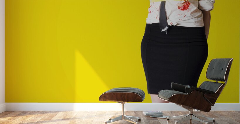 Creepy homicide girl standing undead on yellow Wall Murals