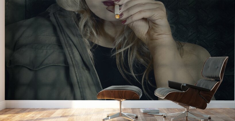 Female pinup soldier smoking cigarette in foxhole Wall Murals