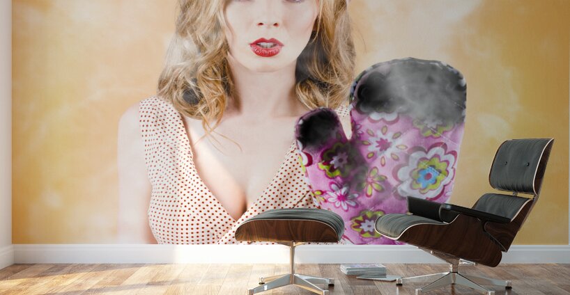 Funny woman cook waving stop. Bad cooking Wall Murals