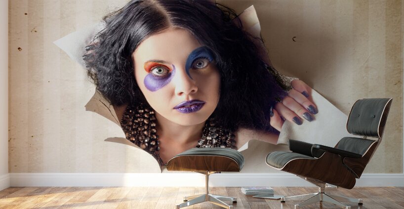 Beautiful female jester breaking out of wallpaper Wall Murals