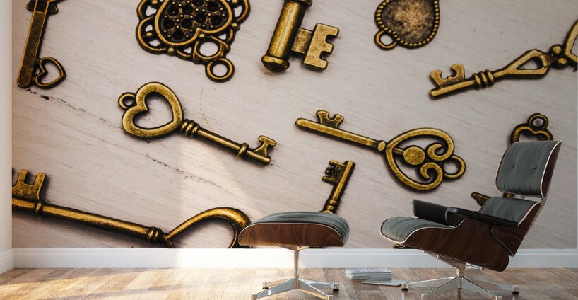Metal keys of different size on wooden table Wall Murals