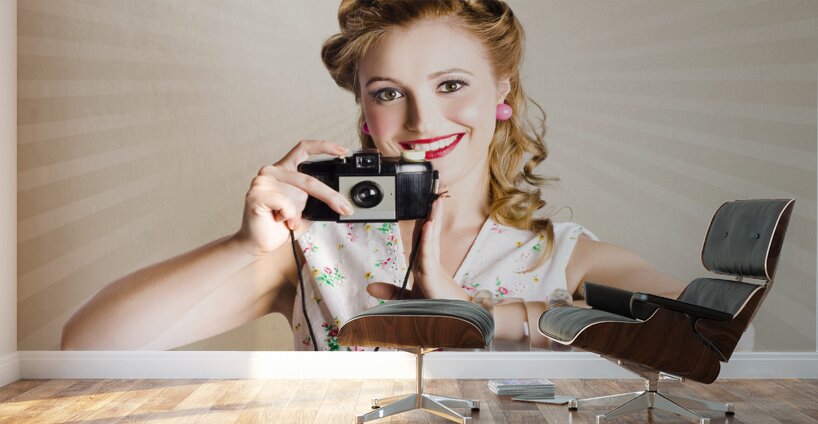 Beautiful Woman Photographer Holding Retro Camera Wall Murals