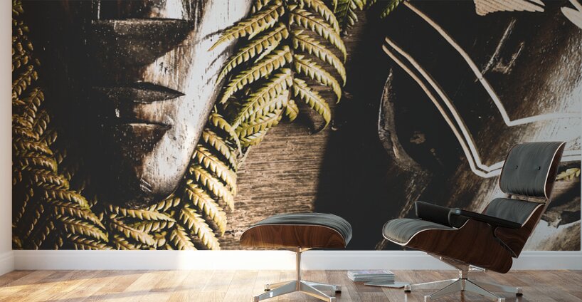 Tribal Masks With Ferns On Wooden Table Wall Murals
