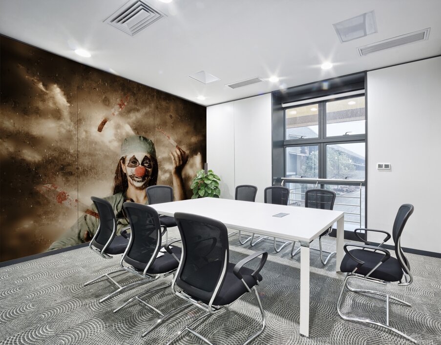 Evil surgeon clown juggling bloody knives outside Wall Printing