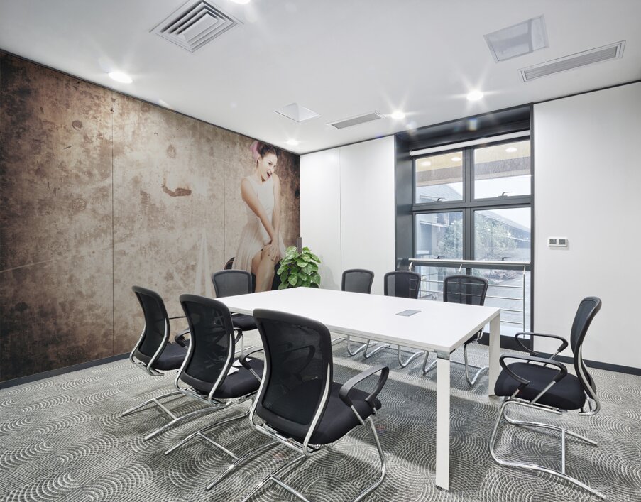 Young hitchhiking pin-up woman on vintage suitcase Wall Printing