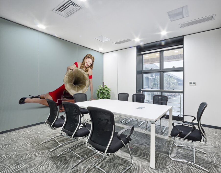 Beautiful pinup woman listening to old gramophone Wall Printing