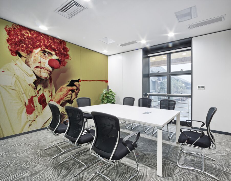 Creepy Manic Clown Shooting Blood From Cap Gun Wall Printing