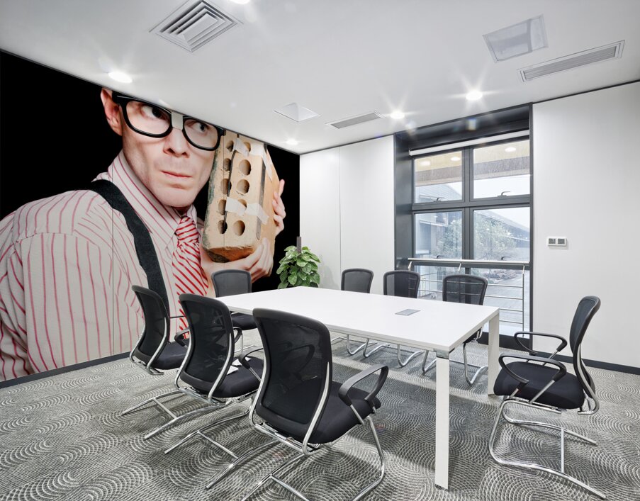 Male Nerd Inventor Holding Brick Mobile Telephone Wall Printing