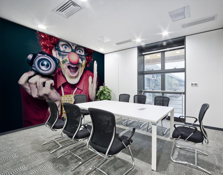 Excited Clown With Camera At Kids Birthday Party Wall Printing