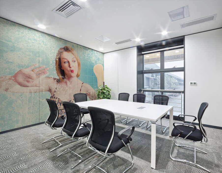 Funny pin up cleaning woman washing bathroom glass Wall Printing