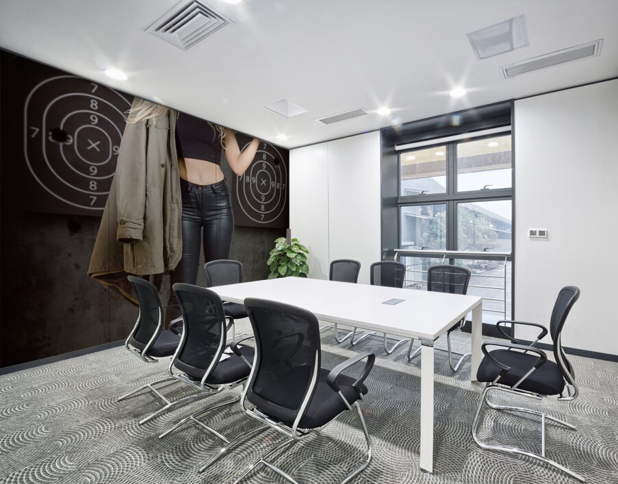 Army pinup girl at rifle range. Bullet proof Wall Printing