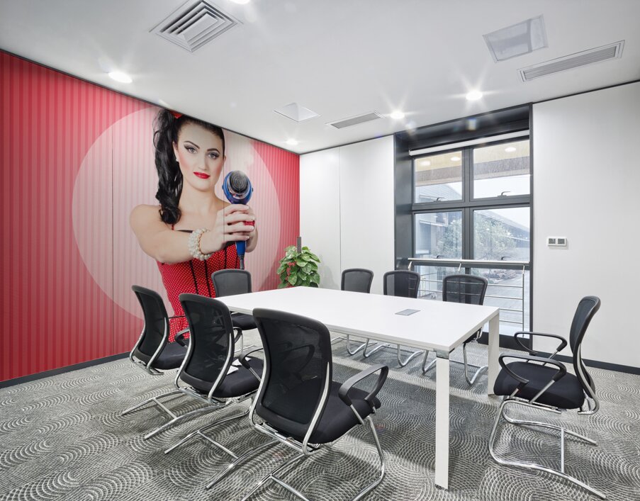 Young beautiful girl with hairdryer. Hair care Wall Printing